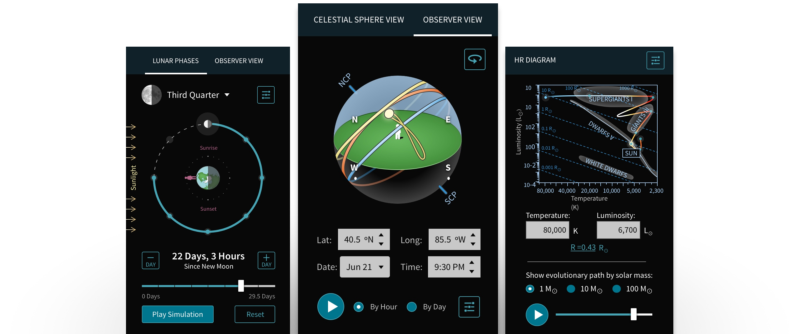 Three mobile interactive module screens are shown from left to right: First is the "Phases of the Moon" module. Second is the "Motions of the Sky" module, which features a 3D sphere mapping the paths of celestial objects in relation to an observer in the center. The third module is the "Hertzsprung–Russell Diagram," which shows a graph of a star's luminosity compared to its temperature.