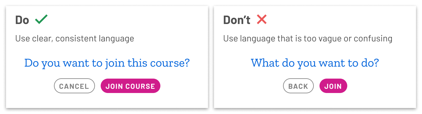 Two images comparing correct and incorrect language usage.