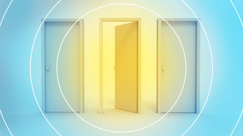 Image of one open door between two closed doors symbolizing inclusive design