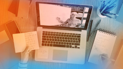 Photo of student using video chat for remote learning during pandemic.