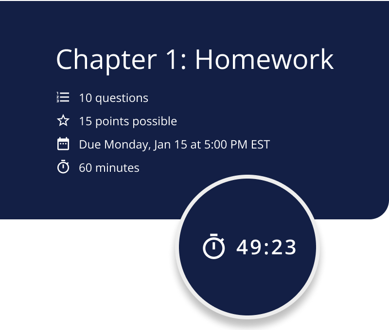 A crop of the assignment cover page showing a summary of assignment parameters to the student: Number of questions, points possible, due date and time, and the time limit (if one is present). An additional, cropped image of the timer counting down is also shown.