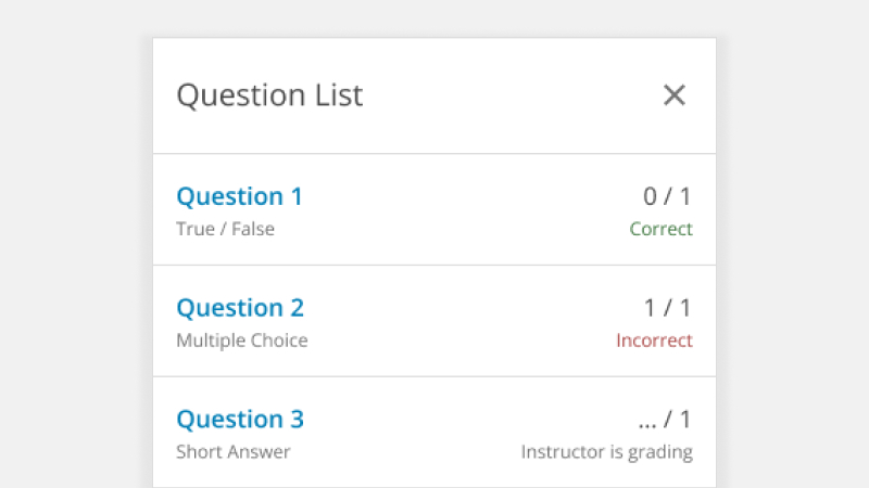 A cropped image of the Question List panel showing all questions in the assignment. Each question includes the type of question, how many points were earned, how many points the question is worth, and the status (correct, incorrect, instructor is grading, etc.).