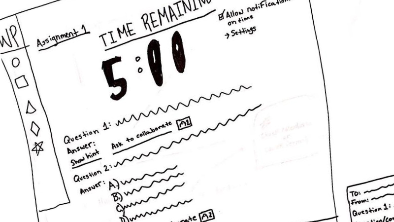 A cropped image of a marker sketch drawn by a student, showing an assignment page with a large timer counting down at the top.