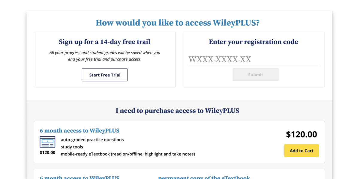 Crop of WileyPLUS student registration page with free trial and registration code areas.