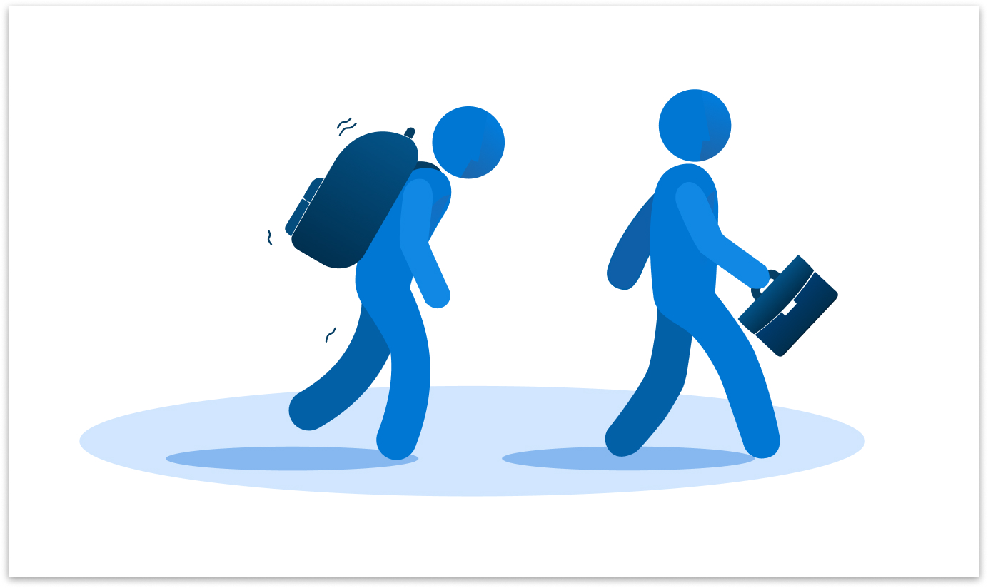 Two people walking. One wears a heavy backpack and the other carries a light briefcase.