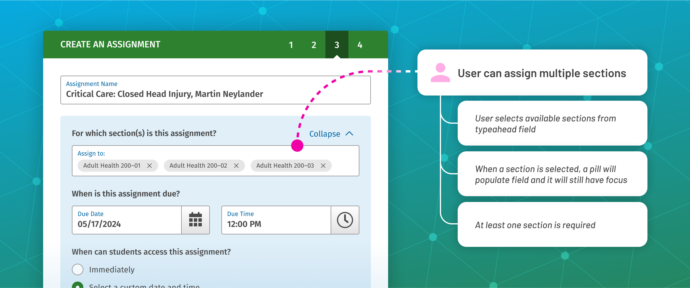 The redesigned assignment creation modal in DocuCare alongside new acceptance criteria.