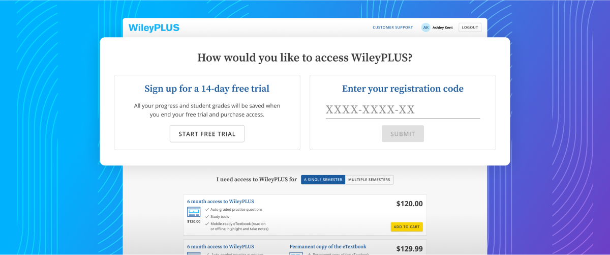 The WileyPLUS access options page with extra emphasis on free trial and registration code boxes.