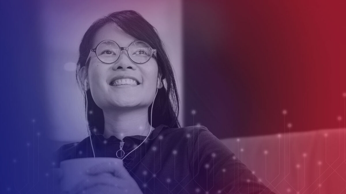 Image of a young asian woman looking up and to the right with glowing lines rising up from the bottom of the image depicting AI technology.
