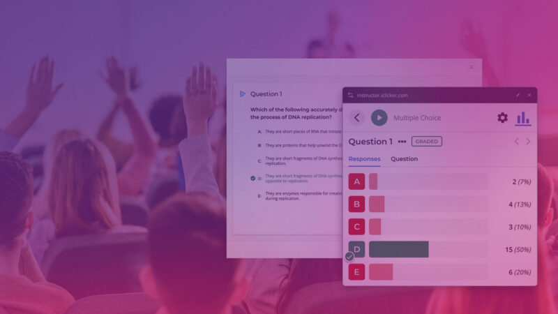 Image of a poll question with results displayed in the foreground, while students in the background raise their hands to respond.