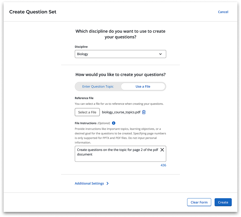 Case Study Create Page 2 Question creation screen displaying a discipline dropdown, file upload and advanced settings for customization.