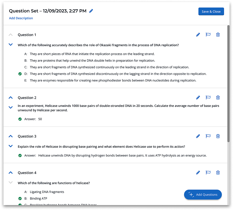 Review Tab List of generated questions and answers displayed with controls to rename, edit, flag, delete, and add to the question set.