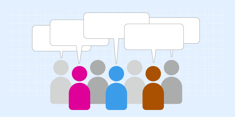 Graphic showing seven user avatars with talk bubbles above and grid lines in the background depicting user field survey to validate product problems.