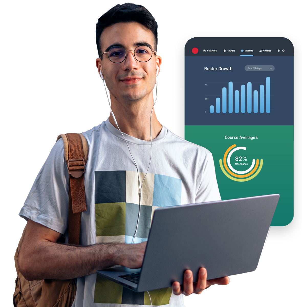 photo of male college student holding laptop with large interface screen with charts and graphs on it.