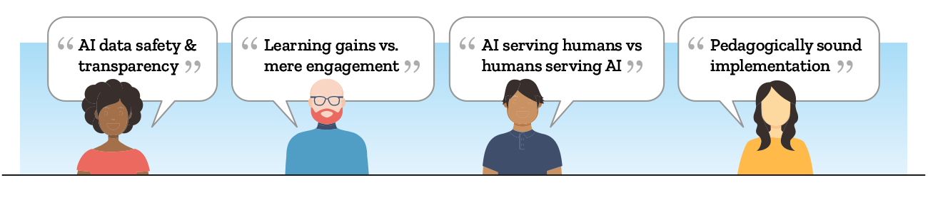 graphic with a row of four avatar people with talk bubbles that say AI data safety & transparency, Learning gains vs. mere engagement, AI serving humans vs humans serving AI, Pedagogically sound implementation