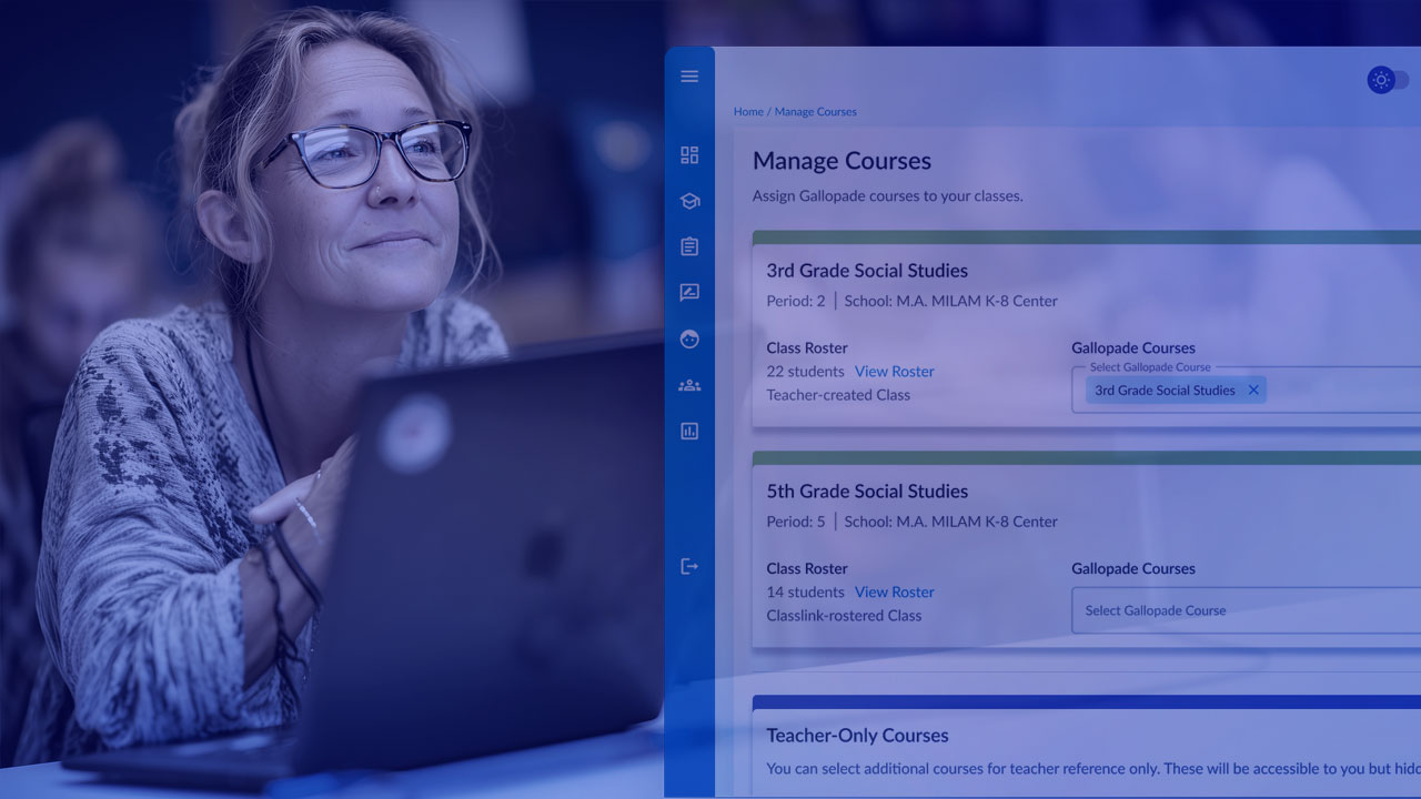 Image showing Manage Courses screen from Gallopade with 3rd Grade Social Studies and 5th Grade Social Studies choices in the listing. Behind that is a sketched version of the screen showing product design development that led to the final.