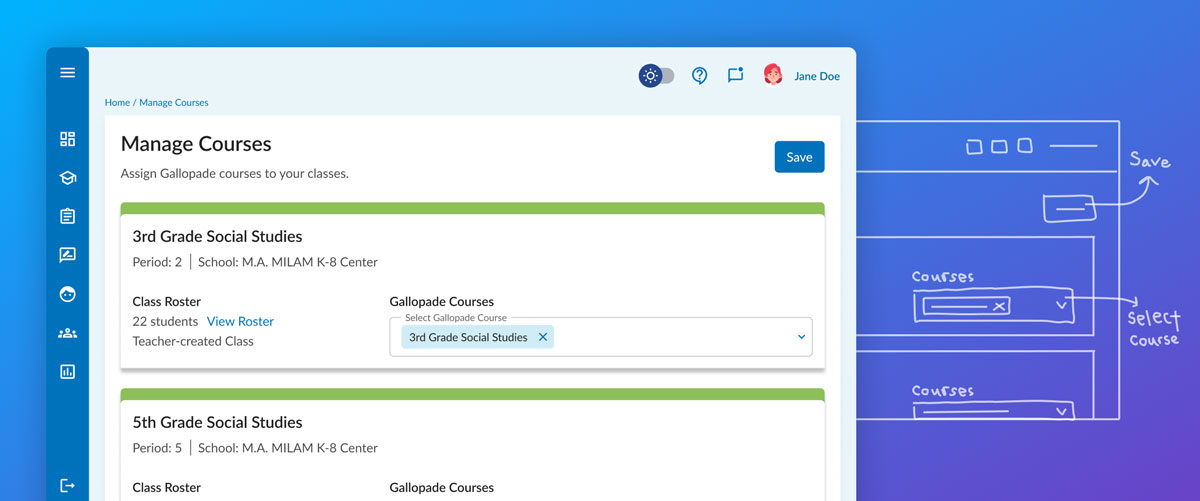 Image showing Manage Courses screen from Gallopade with 3rd Grade Social Studies and 5th Grade Social Studies choices in the listing. Behind that is a sketched version of the screen showing product design development that led to the final.
