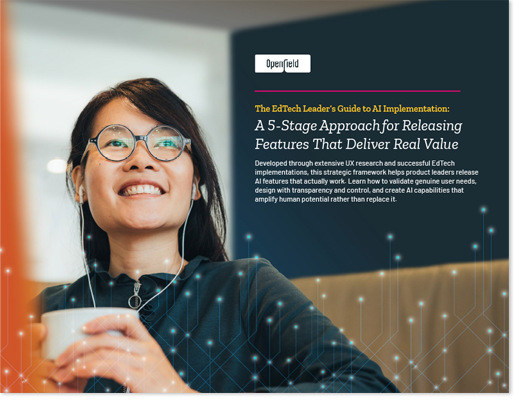 Image of a young asian woman looking up and to the right with glowing lines rising up from the bottom of the image depicting AI technology.