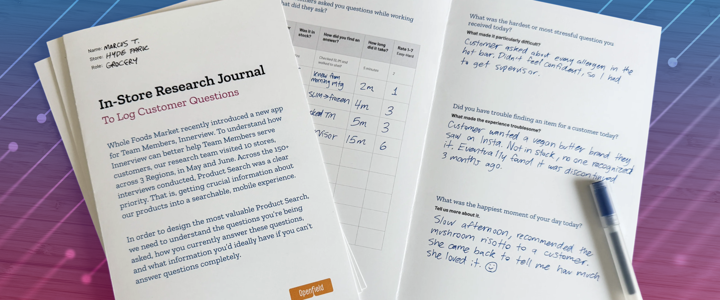 In-store research journals filled out by Whole Foods employees